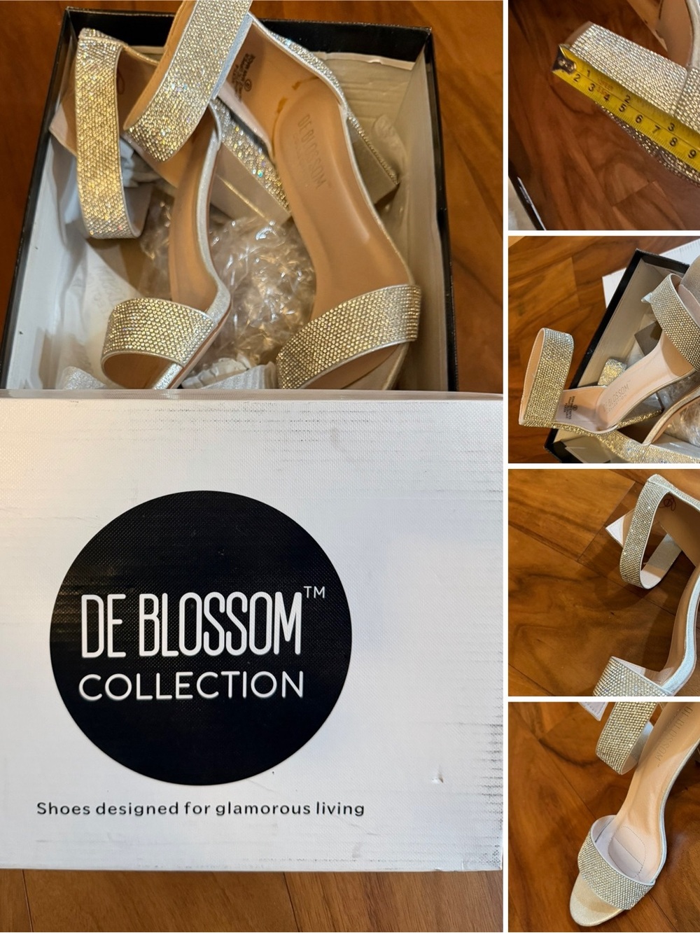 NWOT De Blossom Collection Women's silver rhinestone Block Heel Sandals size 8